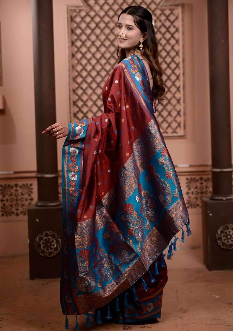 Maroon Printed Blended Saree Set for Diwali and Festive Wear - Indya