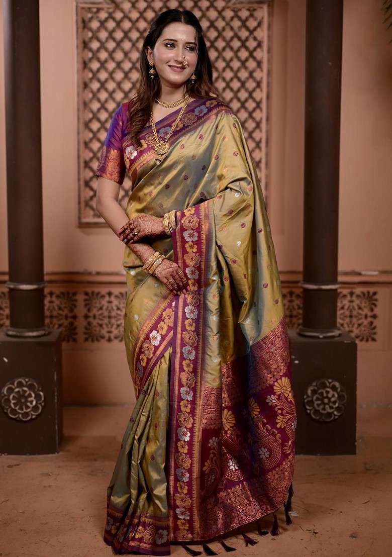 Beige Blended Saree Set with Embroidered for Diwali | Wedding & Festive Wear - Indya