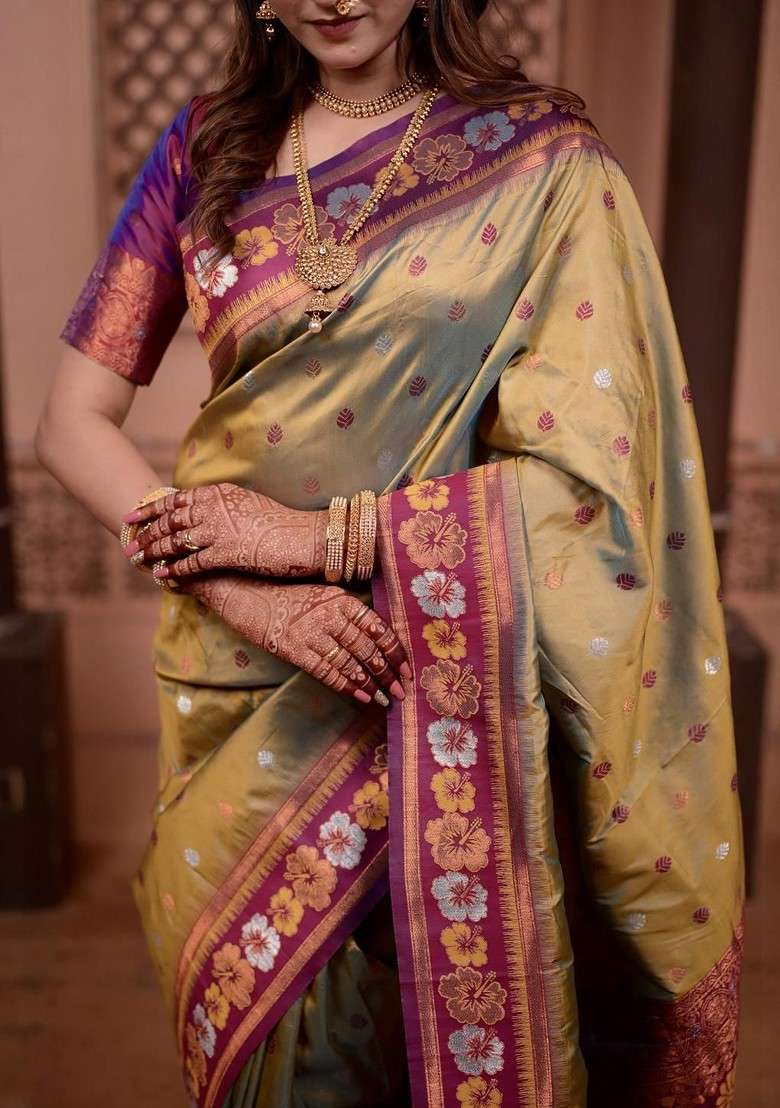 Beige Blended Saree Set with Embroidered for Diwali | Wedding & Festive Wear - Indya