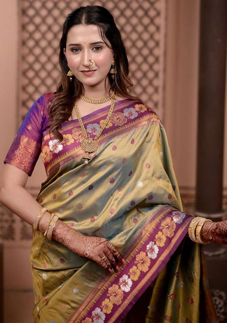 Beige Blended Saree Set with Embroidered for Diwali | Wedding & Festive Wear - Indya