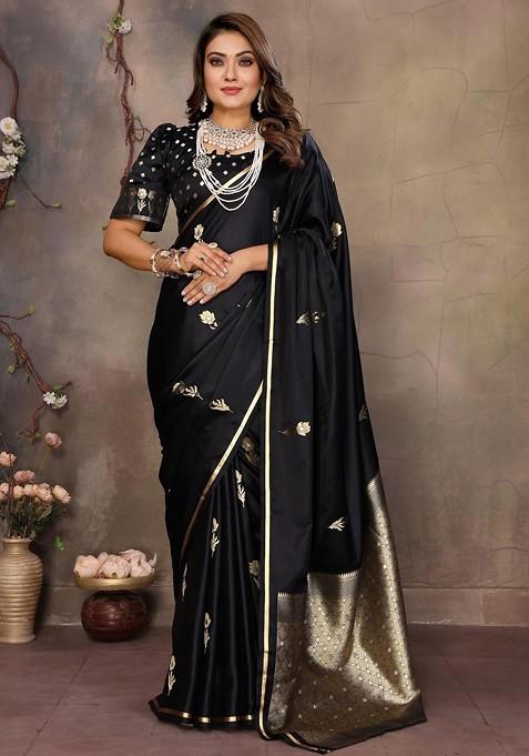Black Jacquard Blended Saree Set — view on Indya