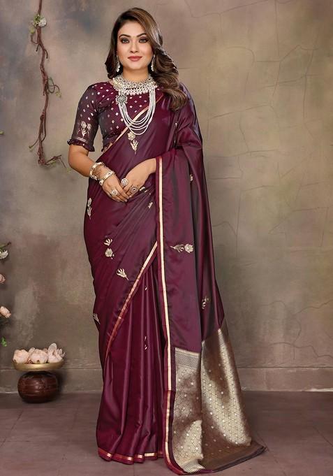 Maroon Jacquard Blended Saree Set — view on Indya