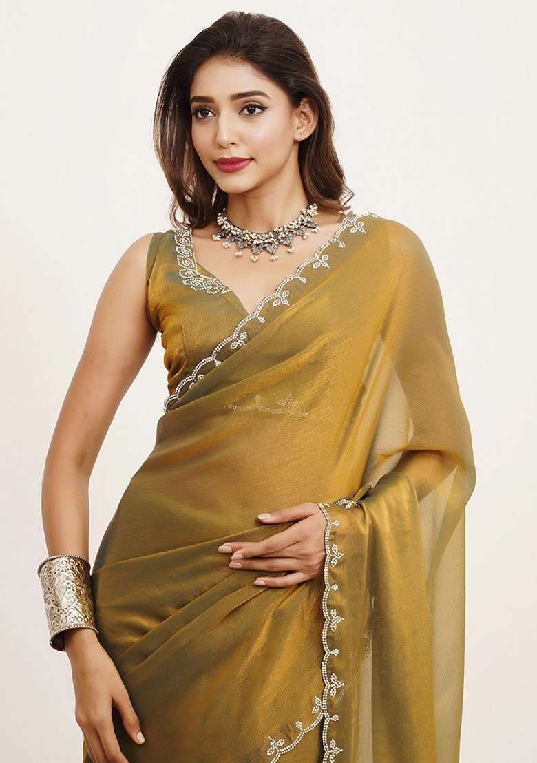 Gold Embellished Blended Saree Set for Diwali | Wedding & Festive Wear - Indya