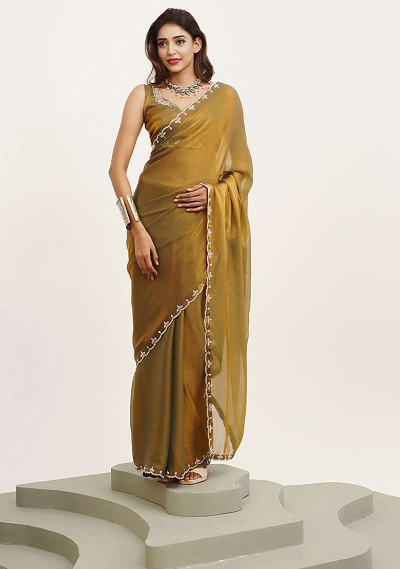 Gold Embellished Blended Saree Set for Diwali | Wedding & Festive Wear - Indya