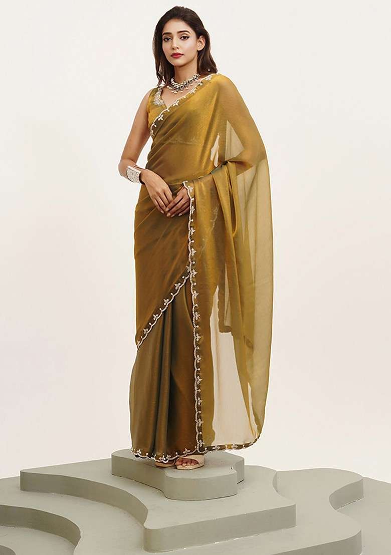 Gold Embellished Blended Saree Set for Diwali | Wedding & Festive Wear - Indya