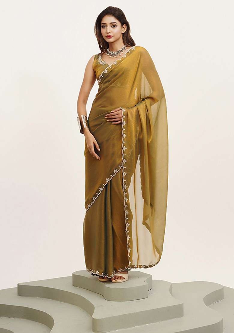 Gold Embellished Blended Saree Set for Diwali | Wedding & Festive Wear - Indya