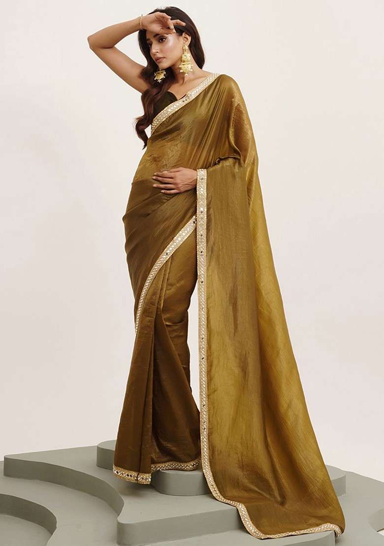 Olive Embellished Blended Saree Set for Diwali | Wedding & Festive Wear - Indya