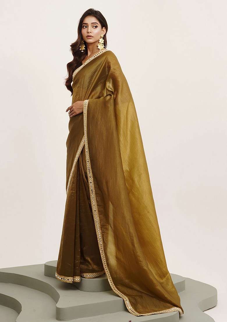 Olive Embellished Blended Saree Set for Diwali | Wedding & Festive Wear - Indya