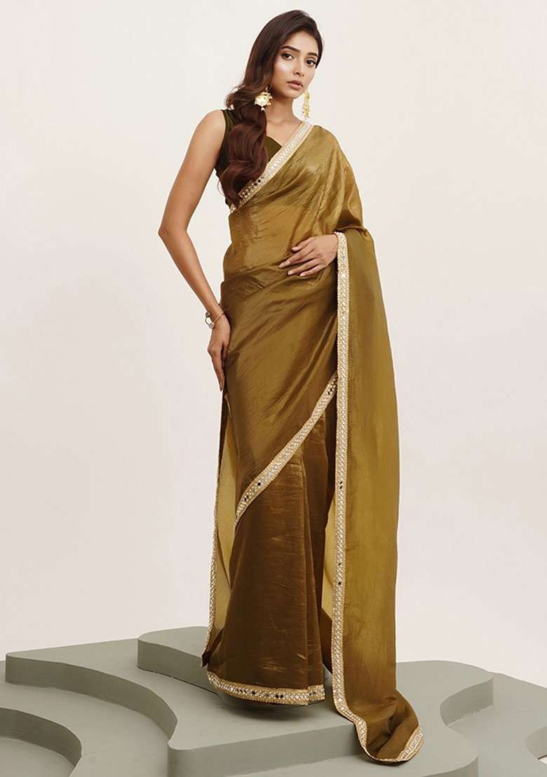 Olive Embellished Blended Saree Set for Diwali | Wedding & Festive Wear - Indya