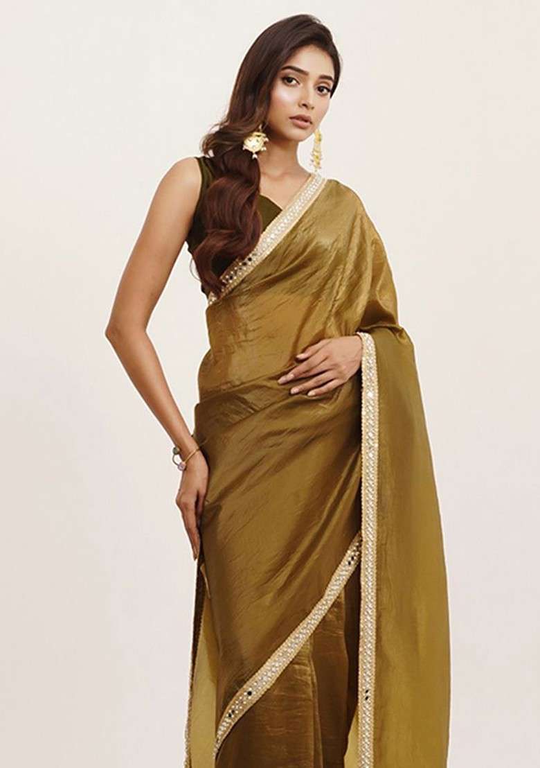 Olive Embellished Blended Saree Set for Diwali | Wedding & Festive Wear - Indya