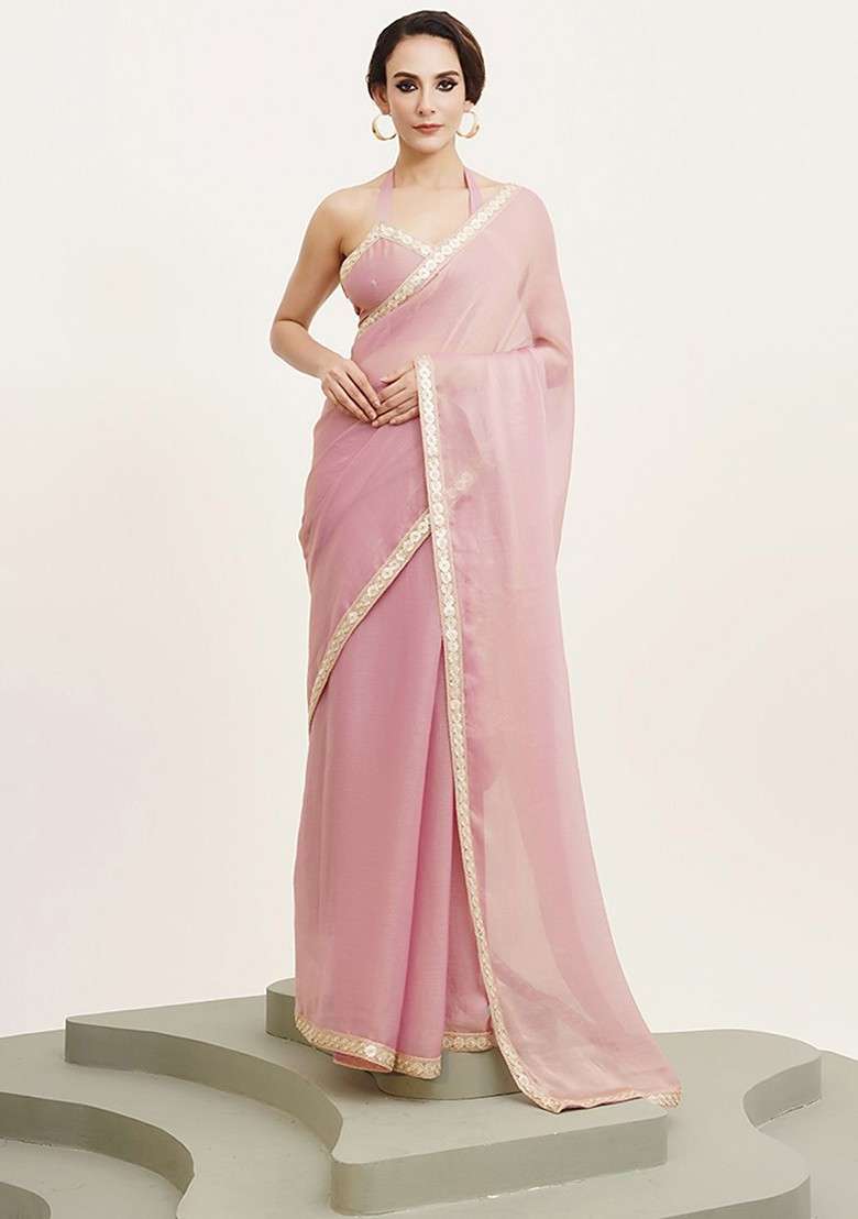 Pink Sequin Embellished Blended Saree Set for Diwali and Festive Wear - Indya