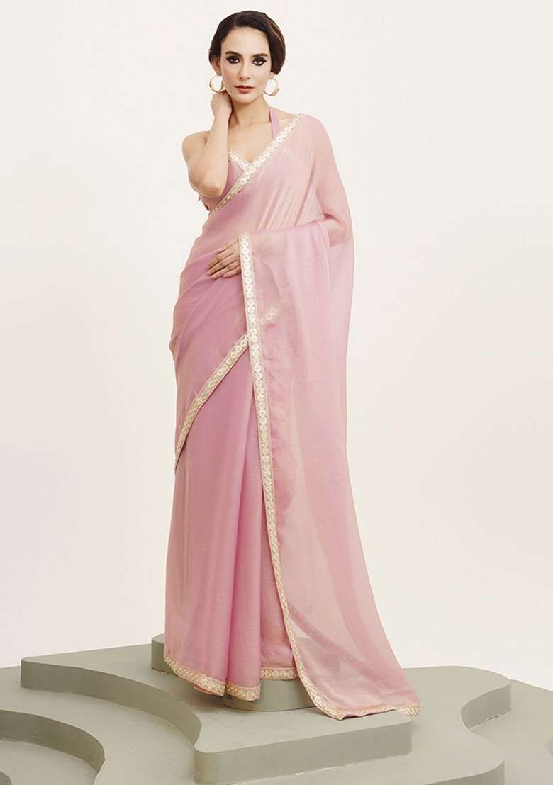 Pink Sequin Embellished Blended Saree Set for Diwali and Festive Wear - Indya