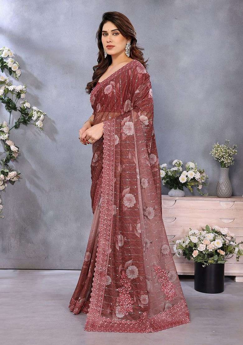 Maroon Sequin Embellished Blended Saree Set for Diwali and Festive Wear - Indya