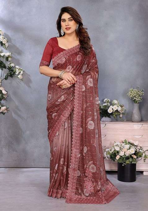 Maroon Sequin Embellished Blended Saree Set for Diwali and Festive Wear