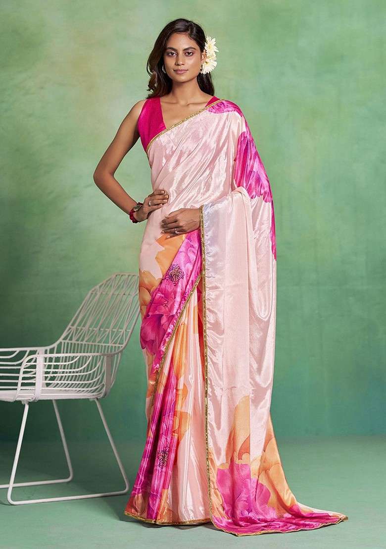Peach Printed Blended Saree Set for Diwali and Festive Wear - Indya