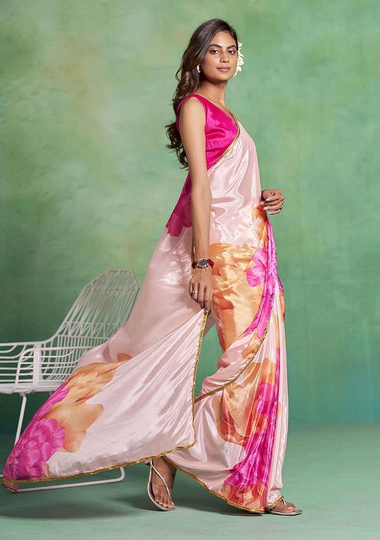 Peach Printed Blended Saree Set for Diwali and Festive Wear - Indya