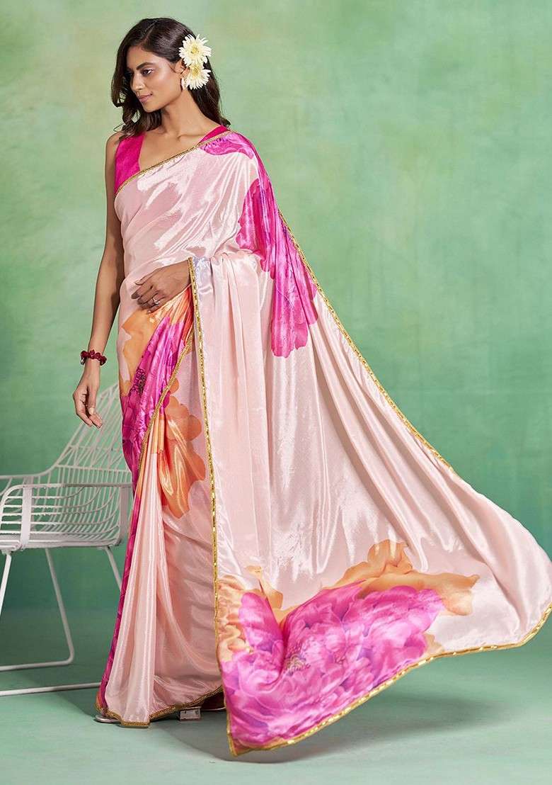 Peach Printed Blended Saree Set for Diwali and Festive Wear - Indya