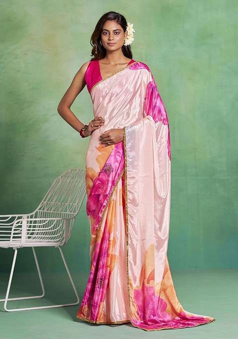 Peach Printed Blended Saree Set for Diwali and Festive Wear
