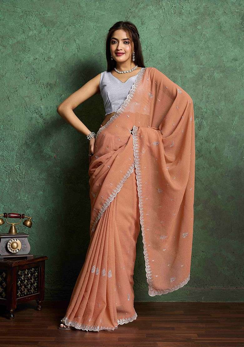 Orange Printed Blended Saree Set for Diwali and Festive Wear - Indya