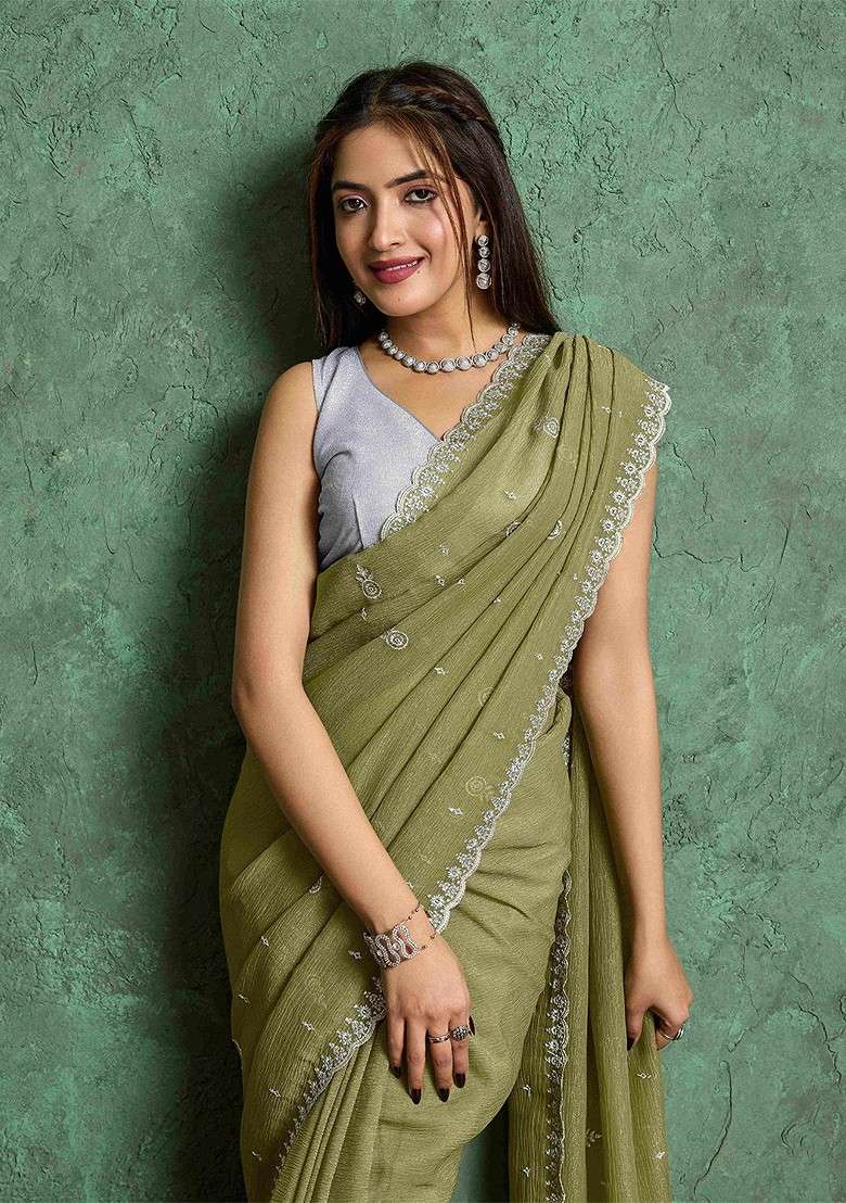 Olive Blended Saree Set with Printed for Diwali | Wedding & Festive Wear - Indya