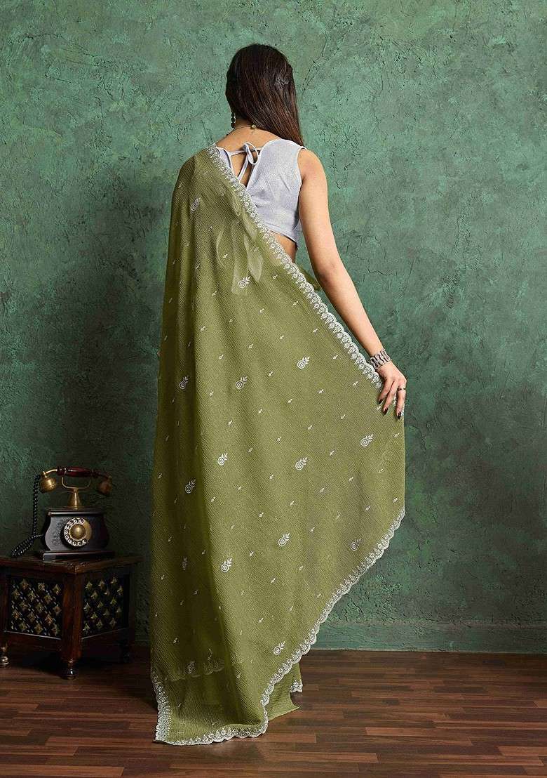 Olive Blended Saree Set with Printed for Diwali | Wedding & Festive Wear - Indya