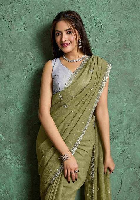 Olive Blended Saree Set with Printed for Diwali | Wedding & Festive Wear
