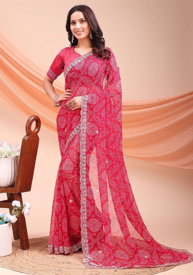 Red Blended Saree Set with Printed for Diwali | Wedding & Festive Wear - Indya