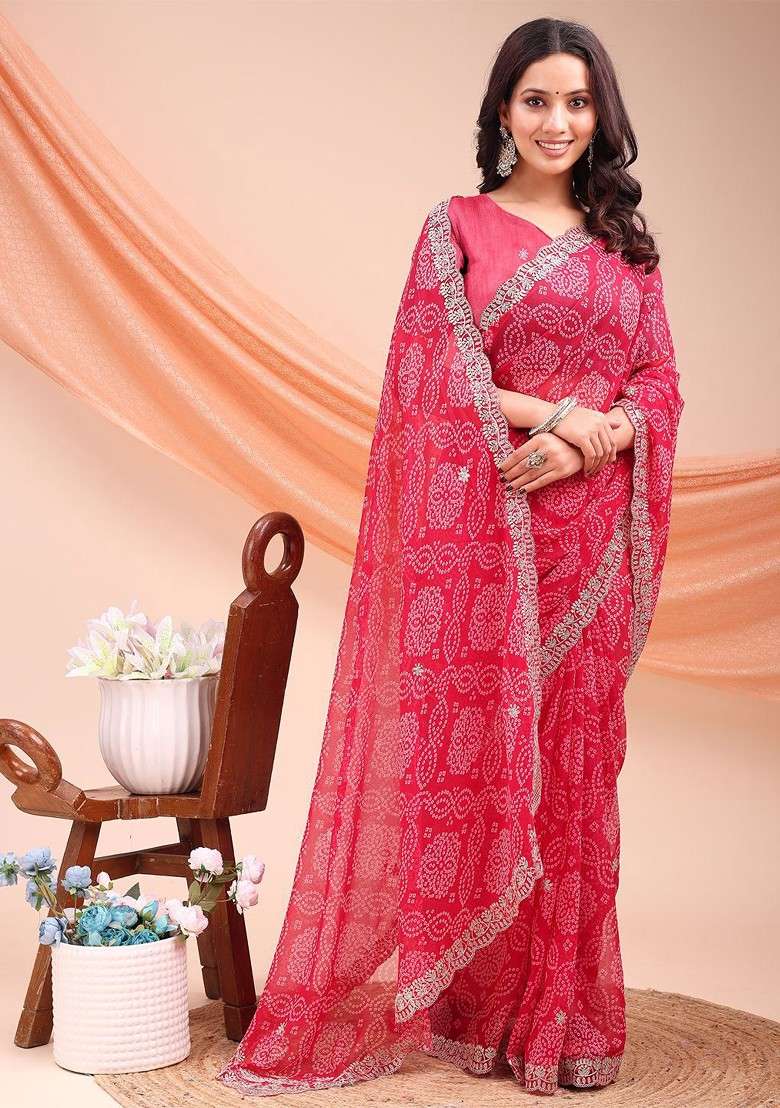 Red Blended Saree Set with Printed for Diwali | Wedding & Festive Wear - Indya