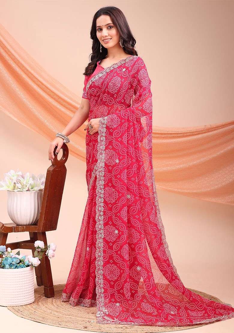Red Blended Saree Set with Printed for Diwali | Wedding & Festive Wear - Indya