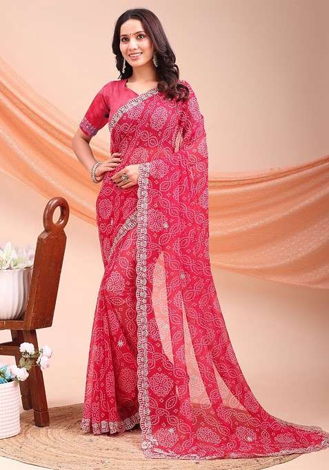 Red Blended Saree Set with Printed for Diwali | Wedding & Festive Wear
