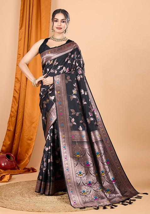 Black Jacquard Blended Saree Set — view on Indya