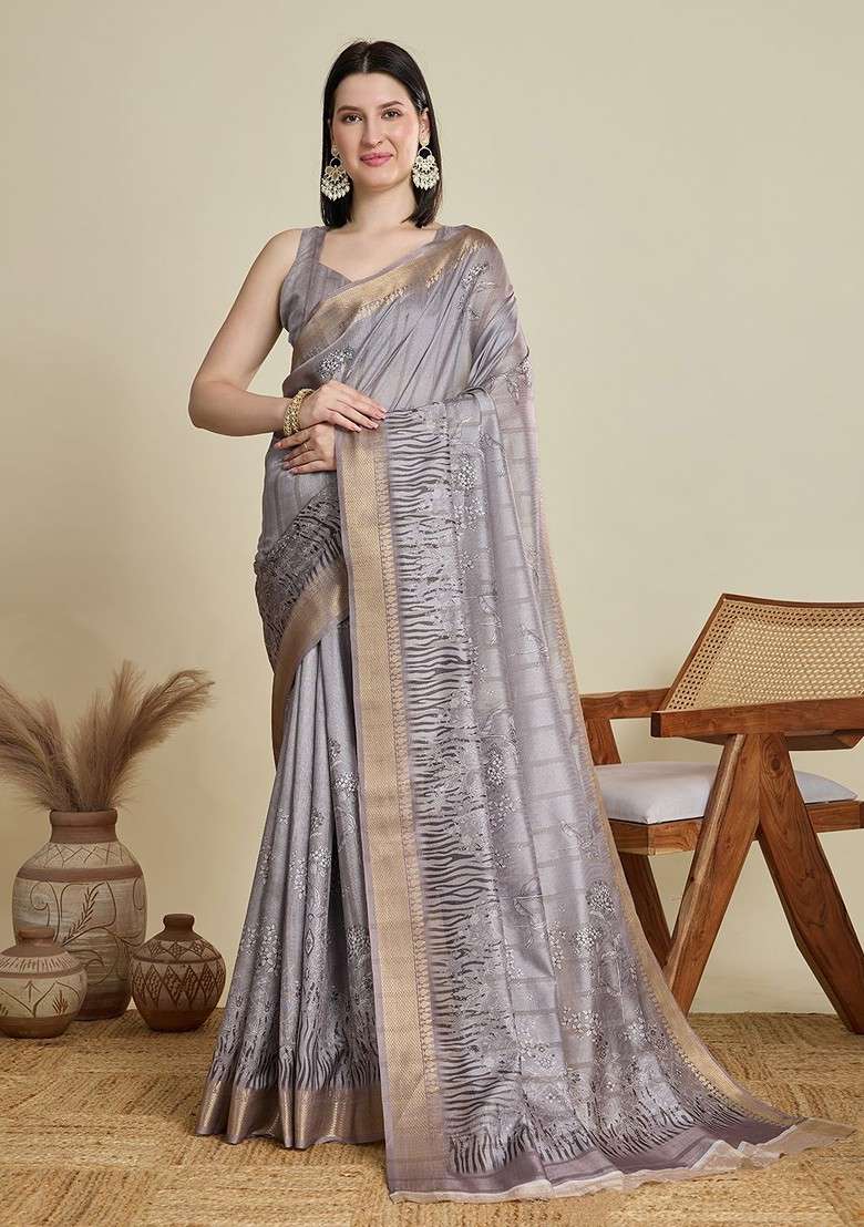 Grey Blended Saree Set with Printed for Diwali | Wedding & Festive Wear - Indya