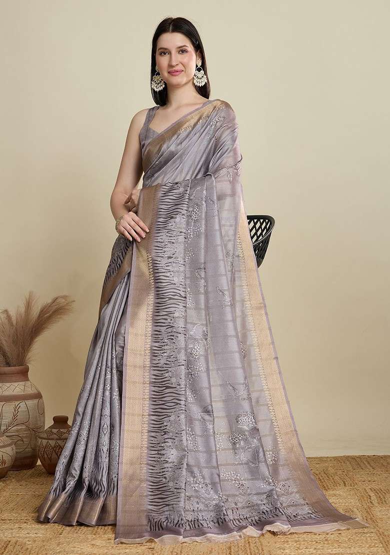 Grey Blended Saree Set with Printed for Diwali | Wedding & Festive Wear - Indya