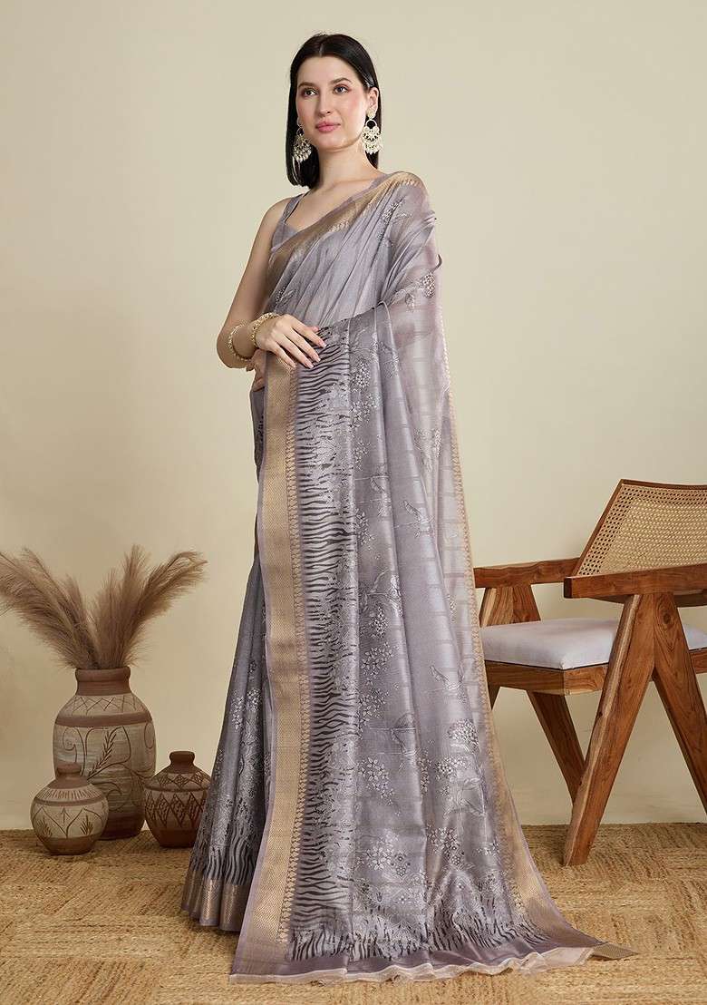 Grey Blended Saree Set with Printed for Diwali | Wedding & Festive Wear - Indya