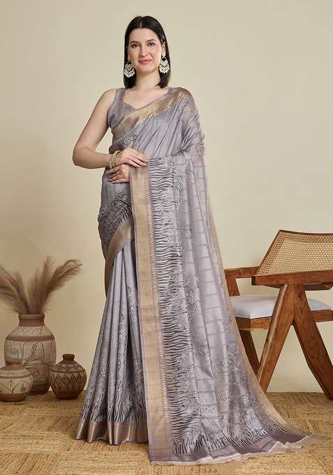 Grey Blended Saree Set with Printed for Diwali | Wedding & Festive Wear