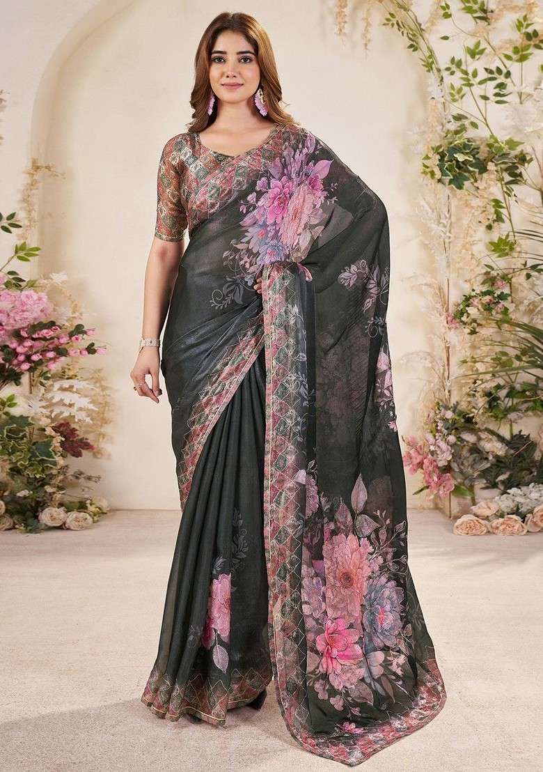 Olive Blended Saree Set with Printed for Diwali | Wedding & Festive Wear - Indya