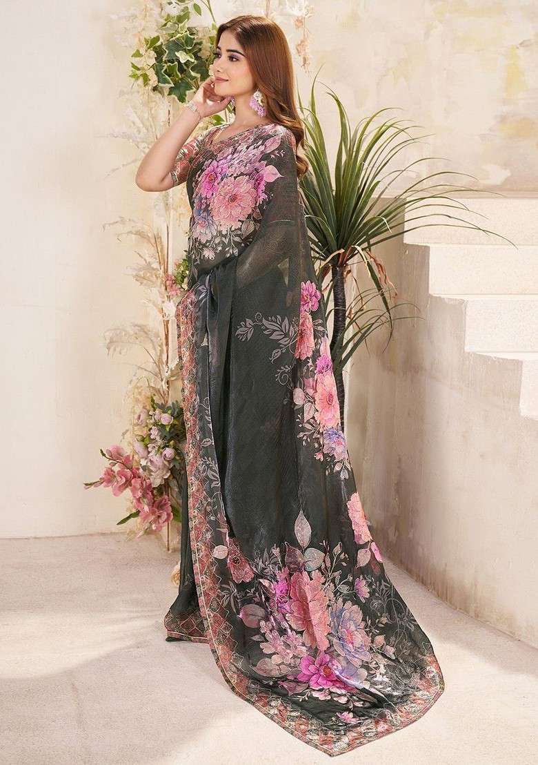 Olive Blended Saree Set with Printed for Diwali | Wedding & Festive Wear - Indya