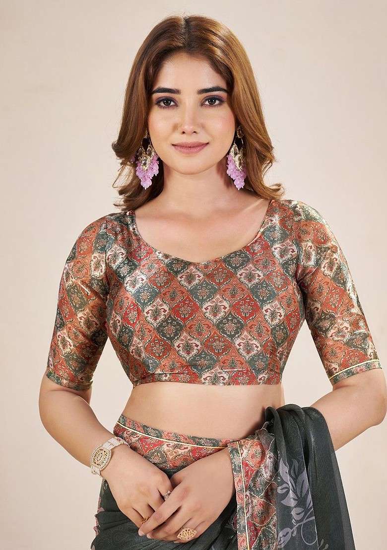 Olive Blended Saree Set with Printed for Diwali | Wedding & Festive Wear - Indya