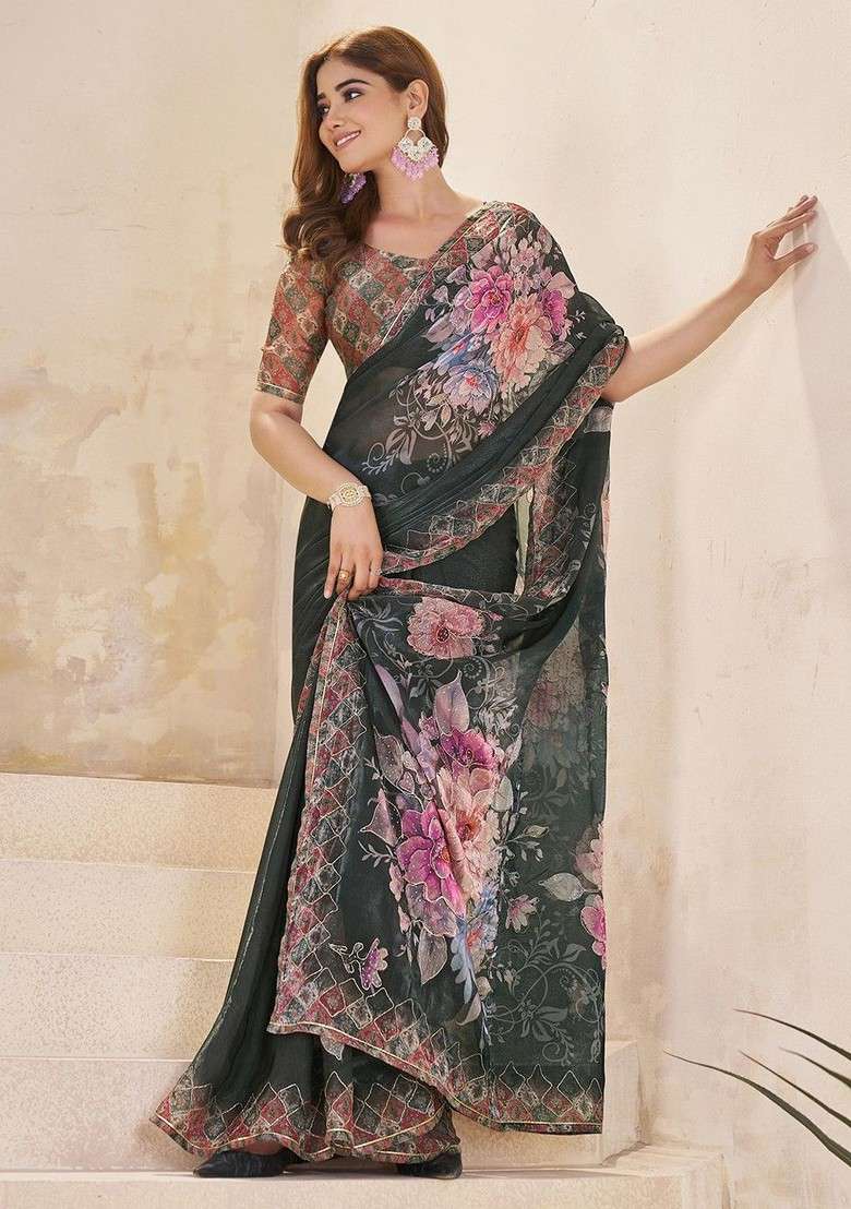 Olive Blended Saree Set with Printed for Diwali | Wedding & Festive Wear - Indya