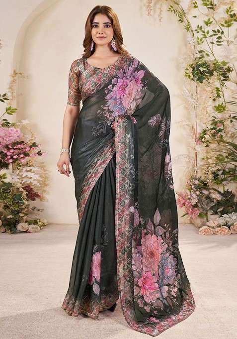 Olive Blended Saree Set with Printed for Diwali | Wedding & Festive Wear