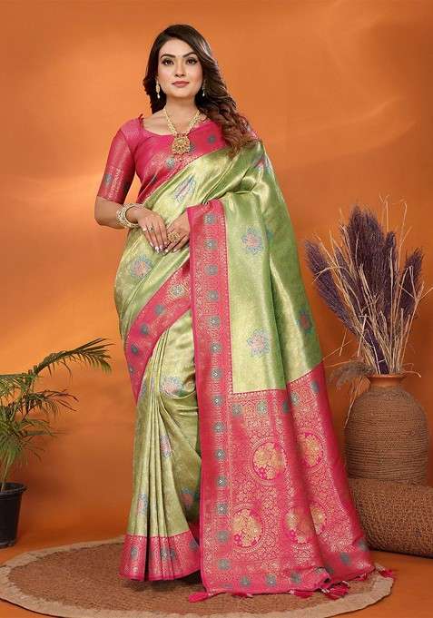 Green Jacquard Blended Saree Set for Diwali and Festive Wear