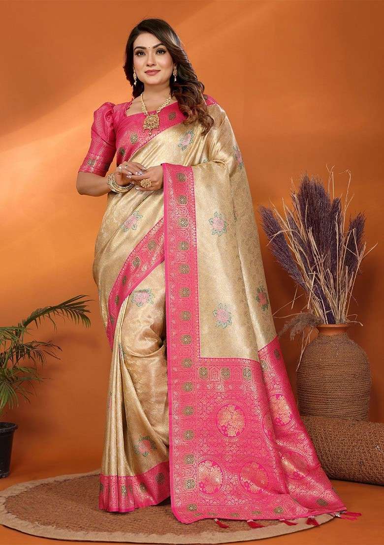 Beige Embroidered Blended Saree Set for Diwali and Festive Wear - Indya