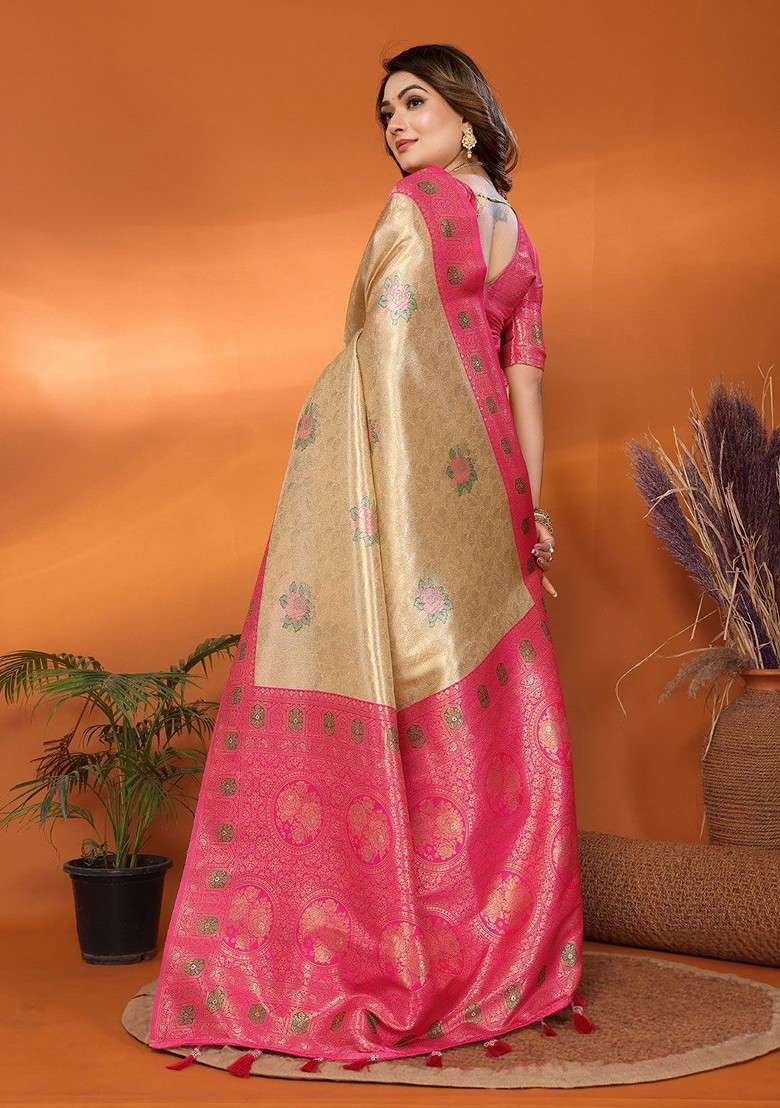 Beige Embroidered Blended Saree Set for Diwali and Festive Wear - Indya