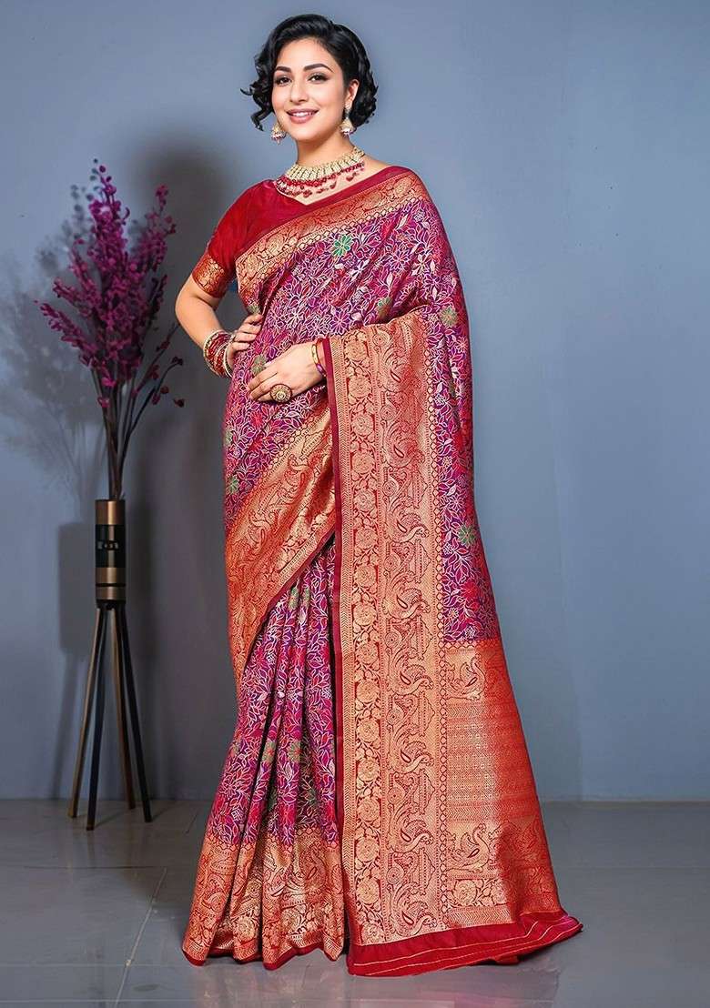 Magenta Blended Saree Set with Embroidered for Diwali | Wedding & Festive Wear - Indya