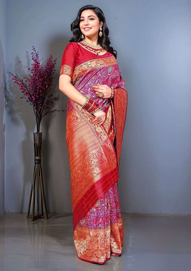 Magenta Blended Saree Set with Embroidered for Diwali | Wedding & Festive Wear - Indya