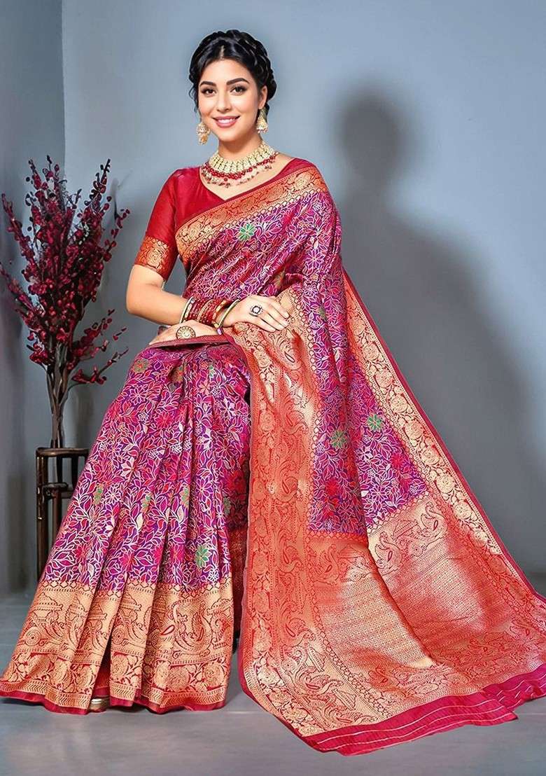 Magenta Blended Saree Set with Embroidered for Diwali | Wedding & Festive Wear - Indya