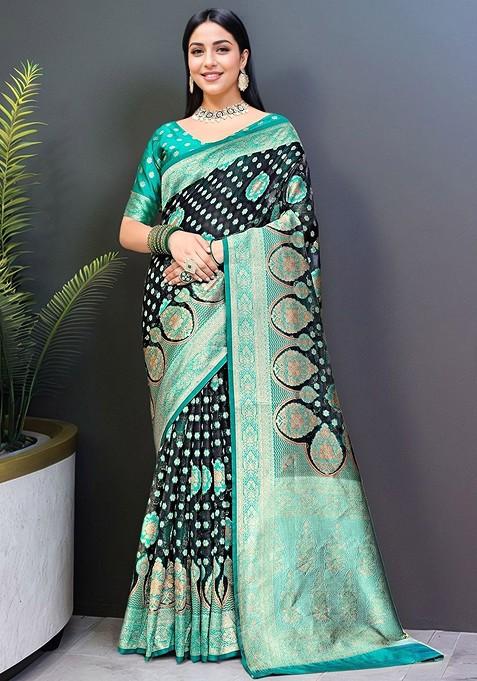 Turquoise Blue Printed Blended Saree Set — view on Indya