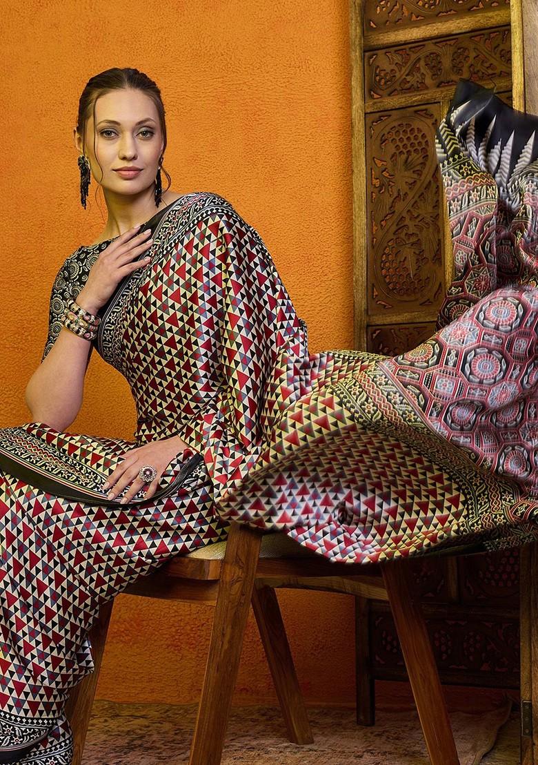 Red Printed Blended Saree Set