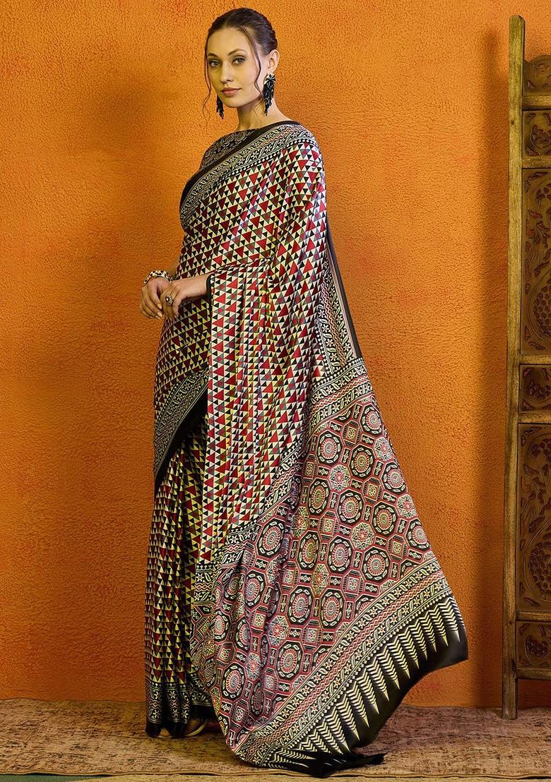 Red Printed Blended Saree Set