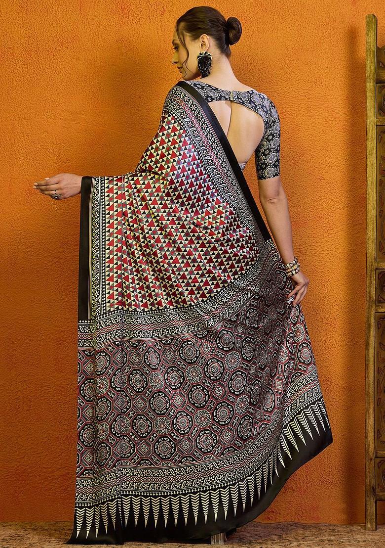 Red Printed Blended Saree Set